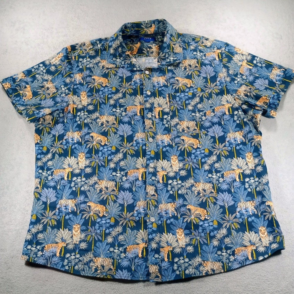 Apt. 9 Mens Short Sleeve Button Down Tiger Jungle Print Blue XXL Casual Shirt
